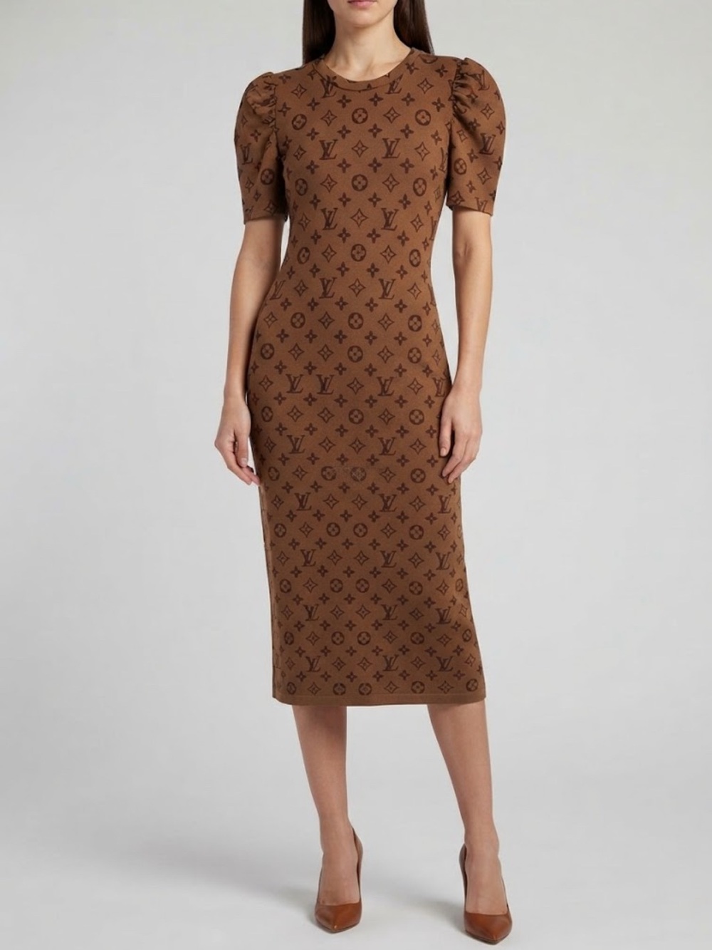 NWT FASHION Brown Monogram Puff-Sleeve Midi Dress
